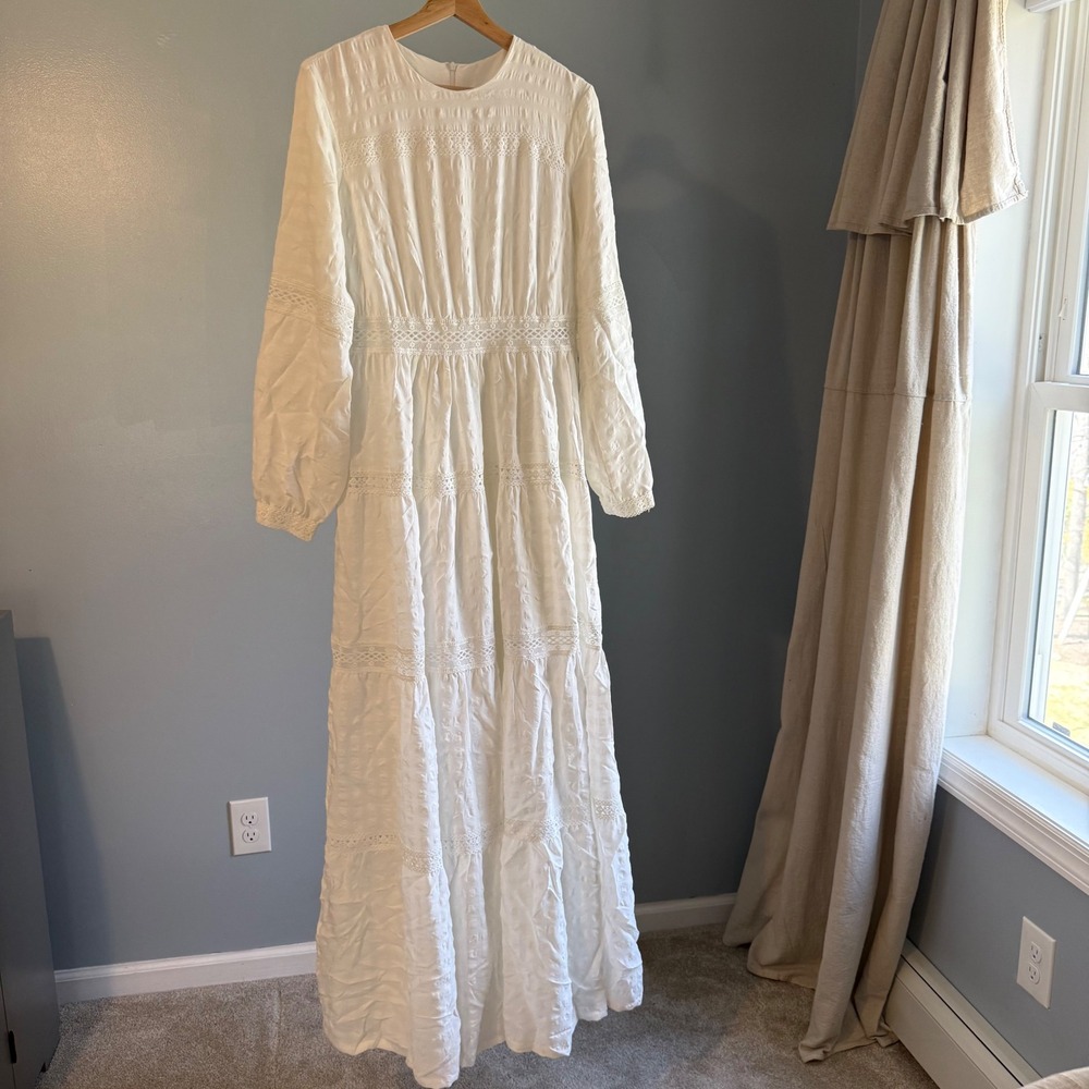 Annah Hariri Maxi Dress Sz 8 White Eyelet Lace L/S Modest Prairie Cottagecore